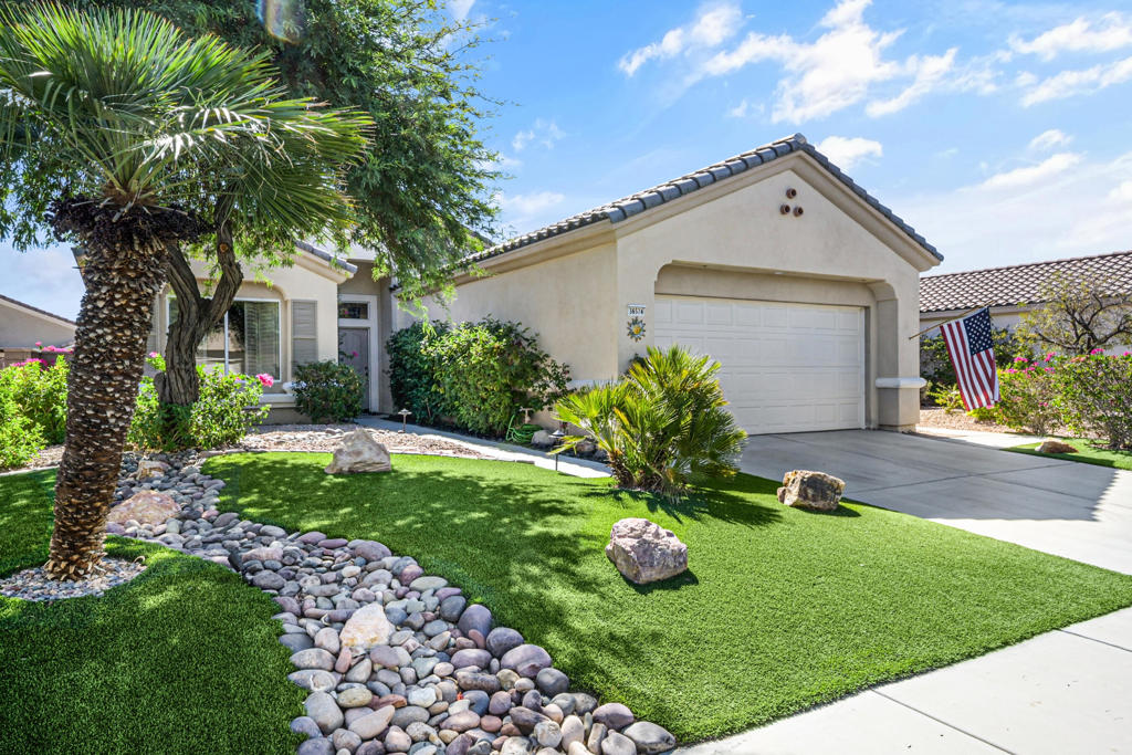 Welcome to 36574 Royal Sage Court, where comfort, charm, and pride of ownership meet! This well-maintained Lanai floor plan features 2 bedrooms, 2 bathrooms with 1,213 square feet (EST.) offers privacy, neutral tones, and plenty of natural light throughout. The kitchen features warm oak cabinetry, custom backsplash, white appliances including a new microwave installed in August 2025, a gas range, and a convenient breakfast bar that opens to the dining area, perfect for everyday living and easy entertaining. Enjoy morning sunlight from the cozy dining nook, which features plantation shutters that frame views to the lush yard space. A spacious living area is light and inviting, ideal for relaxing or hosting. The primary suite offers plush newer carpeting, a large walk-in closet, and an ensuite bath with dual sinks and a walk-in shower. Located on the other side of the home, the second bedroom provides privacy and views to the beautifully landscaped front yard. Your own private backyard oasis awaits, complete with peek-a-boo mountain views to the east, artificial turf, colorful desert landscaping with miniature palms, an alumawood covered patio, room to dine, lounge garden and relax in the sun. Sun City Palm Desert is one of the Coachella Valley's premier 55+ active adult communities featuring two championship golf courses, an 18-hole putting course, three clubhouses, two fitness centers, an indoor swimming pool, outdoor pools and two restaurants. Enjoy over 80 social clubs, tennis, pickleball, softball and so much more! *Turnkey furnishings are available outside of escrow.*