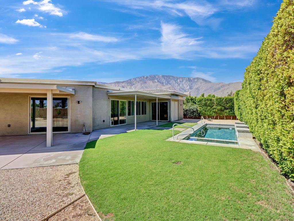 built in 2015, May be the best value for a resort property in Palm Springs.. Over 2500 sq ft.. 3 bedroom, 4 baths (all bedrooms are suites) Large great room with seamless access to enjoy the Resort living at the Custom pool and spa with 2 covered patios. Spectacular mountain views with so much space to entertain . Owned solar system, Upgraded powerful A/C units. and a lot more.