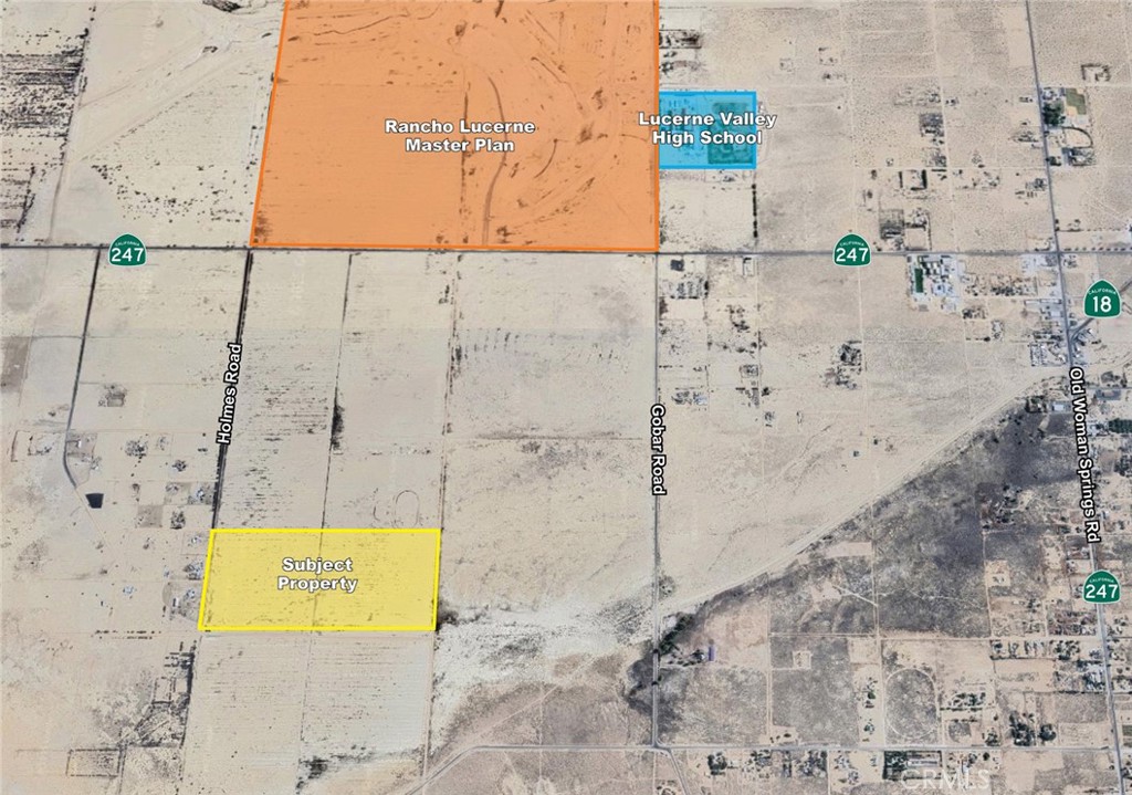 The offering consists of approximately 84.03 acres of land located in Lucerne Valley in San Bernardino County. The property itself is entirely flat with dessert terrain and has roughly 1,200 feet of frontage on Holmes Road. The site is less than a mile from Highway 247 / Barstow Road which leads to Barstow to the north and about 3 miles form Highway 18 which leads into Victorville and Hesperia to the west and Big Bear to the southeast. Additionally, the property is within a close proximity to Lucerne Valley High School and the Rancho Lucerne Master Plan. Water service in Lucerne Valley is provided by Golden State Water Company and power is provided by Southern California Edison. Please reach out with any questions or interest in this opportunity.