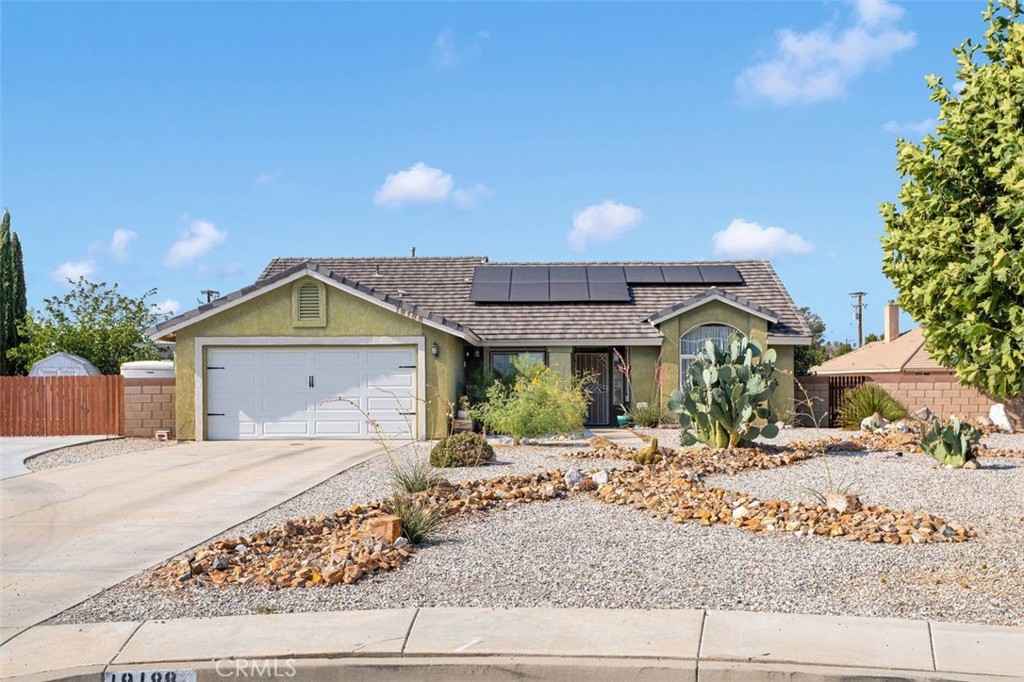 Welcome to this inviting 3 bedroom 2 bathroom home located in the heart of Apple Valley. This well maintained home offers convenience and comfort, Just minutes from top rated schools, Shopping centers and everyday amenities. When you step inside you will notice a functional kitchen along with a comfortable living room. When outside, you will notice a large backyard that is a blank canvas for your imagination. The home also features a solar system to help with those electricity bills. The Cul-De-Sac location provides added privacy and minimal traffic- ideal for peaceful living. Don't miss the opportunity to own this home in a desirable Apple Valley neighborhood!
