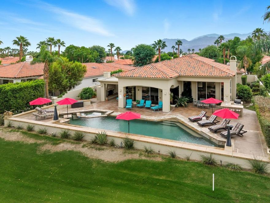 Step into perfection with this impeccably maintained, move-in ready estate, ideally positioned on the 17th green of the exclusive PGA West Weiskopf Private Golf Course. This sophisticated 4-bedroom, 4-bathroom home offers panoramic views of the fairway, Chocolate Mountains, and the majestic Santa Rosa Mountains--providing an unbeatable backdrop for everyday living and entertaining.Designed with resort-style luxury in mind, the North/West-facing backyard showcases a 50-foot reverse infinity-edge pool enhanced by a dramatic full-length waterfall. Enjoy an outdoor dining for eight, a sunken spa, elevated lounge terraces for sunbathing or stargazing, and powerful commercial-grade misters to keep cool even in peak season.Inside, the open-concept upgraded chef's kitchen includes a gas cooktop, a wine fridge and a new ice maker, and flows seamlessly into the spacious family room and dining area. The formal living and dining rooms open to the patio, blending indoor elegance with outdoor serenity--ideal for hosting unforgettable gatherings.Each of the three main bedrooms features an en-suite bathroom, and guests will be drawn to the detached casita for ultimate privacy and comfort. High ceilings, travertine floors, imported designer lighting, and a whole-home Sonos sound system enhance the ambiance throughout.Additional upgrades include:Three A/C units and furnaces (2 brand new, 1 newer)Newer pool equipmentHome sold turnkey furnishedThis is a rare opportunity to own a meticulously cared-for, stylish desert retreat in one of La Quinta's most prestigious golf communities. Whether you're a golf enthusiast, entertainer, or seeking a private oasis--this home delivers. HOA includes Maintenance of the roof, front, side and back yard, outside paint, internet and cable TV, 24 hours security guards. The seller has completed a professional home inspection and the report is attached. It was a very clean report with only couple of minor repairs that are being addressed and will be fixed before end of October.