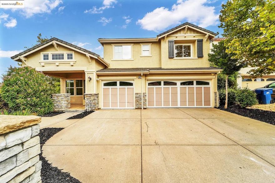 Grand 5 bedroom/4 bath contemporary on a premium corner lot with solar panels!  Inviting tiled and covered entryway that leads to an open layout with high, airy ceilings and updates galore. Fresh interior paint and new waterproof laminate floors throughout.  Chef's kitchen with massive island complete with all new stainless steel appliances and sink. One bedroom and full bath found downstairs, perfect for guest quarters or multigenerational living. Additional family room found upstairs and master suite with fireplace, office/nursery nook, and tiled en-suite with spacious walk-in closet. 3-car garage with driveway parking and the perk of having more sidewalk curb on your corner making accommodating guests and gatherings a breeze.  Interior access from the garage leads to a convenient little mud-room space to kick off your shoes and wash your hands before coming inside. Brand new A/C unit! Manageable backyard with a bench covered awning and handy storage shed. Located near parks, golfing, restaurants, and shopping.  Easy access to HWY-4 and Bart.