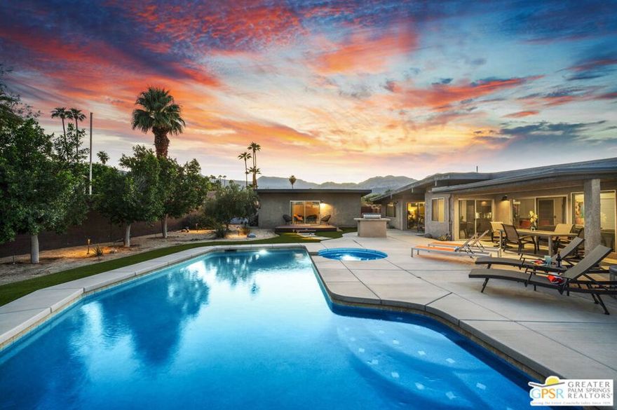If location is everything, this home in the highly sought-after Silver Spur Ranch neighborhood of South Palm Desert truly delivers. Perfectly situated at the end of a quiet cul-de-sac, the property is South-facing and directly adjacent to Ironwood Park. Its curb appeal is exceptional, featuring striking redwood siding accents, a circular driveway, Milgard windows and doors, and a backdrop of swaying palm trees. This Mid-Century Modern gem underwent a complete renovation in 2018 and has been styled in a chic Contemporary design offering a move-in-ready, turnkey experience. Furnishings are included with just a few exceptions.  Step into the backyard and you'll be captivated by sweeping views and a resort-like setting, complete with a saltwater pool, spa, built-in BBQ, and gas fire pit all in a private, serene atmosphere. The detached casita provides a spacious third bedroom and bath, ideal for guests or a private retreat.  Inside, the kitchen is a showpiece with an island bar, breakfast nook, Thermador range, and Maytag refrigerator. A fully owned solar system, installed in 2022 adds modern efficiency and value.  Silver Spur Ranch, a charming historic neighborhood dating back to the 1950s, is celebrated for its diverse architecture and stunning mountain scenery. The home is minutes from El Paseo's premier shopping and dining, directly across from the Living Desert, close to several golf courses, and just five minutes from scenic trailheads offering hikes from one to sixteen miles.  This is a rare opportunity to own a dazzling, impeccably updated home in one of Palm Desert's most desirable communities.