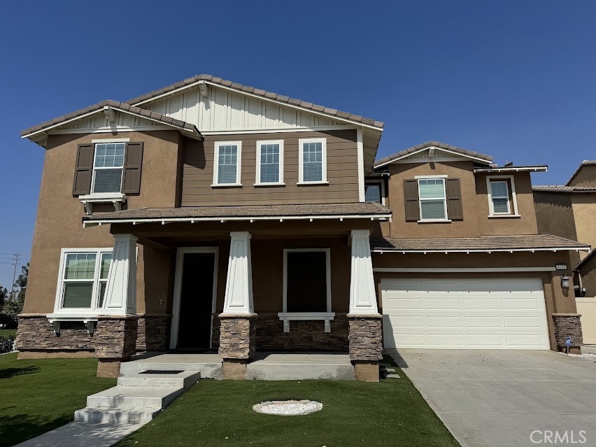 This stunning 5-bedroom, 4-bathroom home in the desirable Ontario Ranch community offers 3,173 sqft of modern living space on a 5,640 sqft lot. Built in 2020, the home features an open-concept layout filled with natural light, a spacious great room, and a gourmet kitchen with granite countertops, stainless steel appliances, double ovens, and a large center island. A main-level bedroom with a full bathroom is perfect for guests, multi-generational living, or a private office. Upstairs includes a versatile loft, three additional bedrooms, and a luxurious primary suite with a soaking tub, dual vanities, a separate shower, and a huge walk-in closet. Additional highlights include recessed lighting, a tankless water heater, and a 3-car tandem garage. The backyard offers a covered area and low-maintenance turf—ideal for relaxing or entertaining. Located in the New Haven community near parks, trails, shopping, dining, and freeways, this home combines comfort, efficiency, and convenience in one beautiful package.