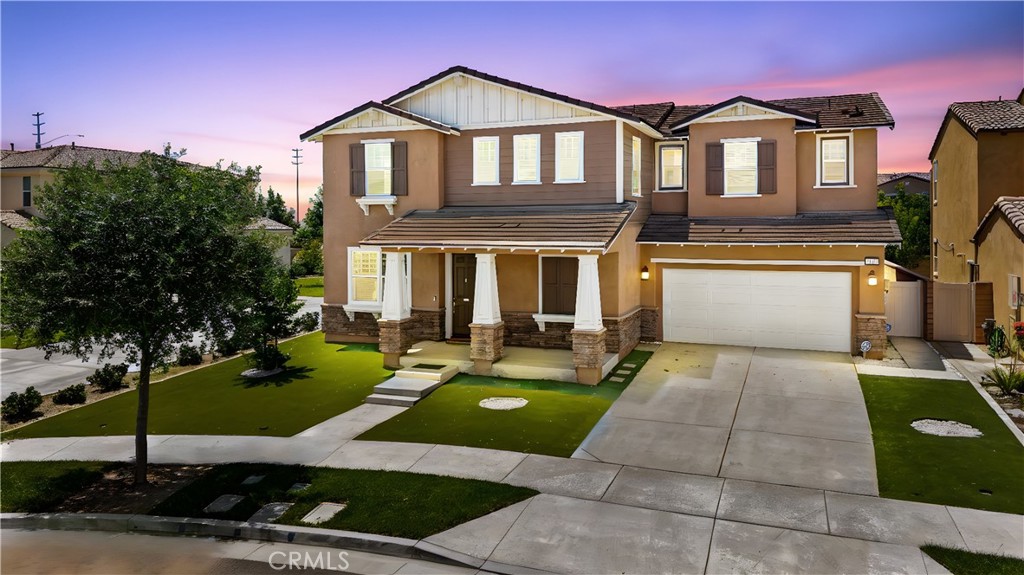 This stunning 5-bedroom, 4-bathroom home in the desirable Ontario Ranch community offers 3,173 sqft of modern living space on a 5,640 sqft lot. Built in 2020, the home features an open-concept layout filled with natural light, a spacious great room, and a gourmet kitchen with granite countertops, stainless steel appliances, double ovens, and a large center island. A main-level bedroom with a full bathroom is perfect for guests, multi-generational living, or a private office. Upstairs includes a versatile loft, three additional bedrooms, and a luxurious primary suite with a soaking tub, dual vanities, a separate shower, and a huge walk-in closet. Additional highlights include recessed lighting, a tankless water heater, and a 3-car tandem garage. The backyard offers a covered area and low-maintenance turf—ideal for relaxing or entertaining. Located in the New Haven community near parks, trails, shopping, dining, and freeways, this home combines comfort, efficiency, and convenience in one beautiful package.