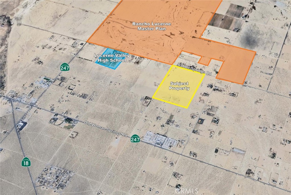 The offering consists of approximately 115.45 acres of land located in Lucerne Valley in San Bernardino County. The property itself is entirely flat with dessert terrain and has roughly 1,900 feet of frontage on Rabbit Springs Road. The site is about a mile from Highway 247 / Barstow Road which leads into Barstow to the north and about 2 miles from Highway 18 which leads into Victorville and Hesperia to the west and Big Bear to the southeast. Additionally, the property is directly nearby Lucerne Valley High School and the Rancho Lucerne Master Plan. Water service in Lucerne Valley is provided by Golden State Water Company and power is provided by Southern California Edison. The property is under the zoning jurisdiction of San Bernardino County and is zoned LV/RL (Lucerne Valley/Rural Living) which allows for a maximum residential density of 1 dwelling unit / 2.5 acres along with other ancillary uses. This is consistent with it’s land use designation is the General Plan. Buyer to confirm.