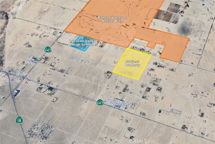 The offering consists of approximately 115.45 acres of land located in Lucerne Valley in San Bernardino County. The property itself is entirely flat with dessert terrain and has roughly 1,900 feet of frontage on Rabbit Springs Road. The site is about a mile from Highway 247 / Barstow Road which leads into Barstow to the north and about 2 miles from Highway 18 which leads into Victorville and Hesperia to the west and Big Bear to the southeast. Additionally, the property is directly nearby Lucerne Valley High School and the Rancho Lucerne Master Plan. Water service in Lucerne Valley is provided by Golden State Water Company and power is provided by Southern California Edison.  The property is under the zoning jurisdiction of San Bernardino County and is zoned LV/RL (Lucerne Valley/Rural Living) which allows for a maximum residential density of 1 dwelling unit / 2.5 acres along with other ancillary uses. This is consistent with it’s land use designation is the General Plan. Buyer to confirm.