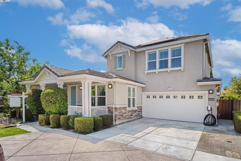 A contemporary gem situated on a premier corner lot. This elegant two-story single-family home offers 4 bedrooms and 3.5 bathrooms across 2,313 square feet of living space. Upon entering, you're greeted by upgraded luxury wood flooring that graces the first floor, enhancing the home's bright and inviting ambiance. The modern kitchen is a chef’s delight, boasting upgraded counters with a full backsplash, complemented by state-of-the-art appliances—range, oven, and microwave—all under a 5-year extended warranty. The main level includes two spacious bedrooms, while the second floor hosts a magnificent master suite with beautiful closets, providing an indulgent retreat. The finished garage features durable epoxy flooring and fitness space. There are two 220v Tesla chargers installed. The extended driveway accommodates additional parking needs. Solar panels are owned and contribute to energy efficiency, ensuring comfort across seasons. Outdoor living is equally impressive, featuring a low-maintenance backyard with a sunroom and a gazebo equipped with a 240v heater. The house is next to the Alameda creek trail and close to shoppings and restaurants, Meta, Tesla. The location provides easy access to highways 880 and 84, and BART station, convenient for daily commute.