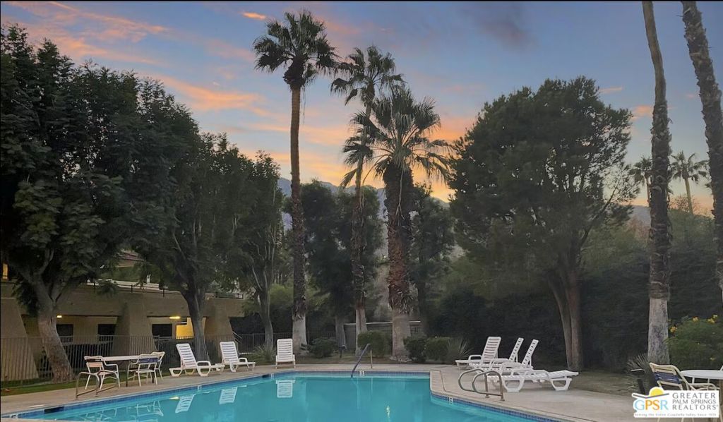 Stylish and sophisticated remodeled upper unit at Palm Springs Villas 2. This gorgeous unit has been a very successful seasonal rental and is being offered turnkey furnished. Newer kitchen and bath. This unit is super clean and move-in ready! Located in the very back of the complex near the pool. Palm Springs Villas is gated community that offers many amenities including pools, spas, tennis courts, picnic and BBQ areas and acres of manicured grounds. This one is not to be missed!