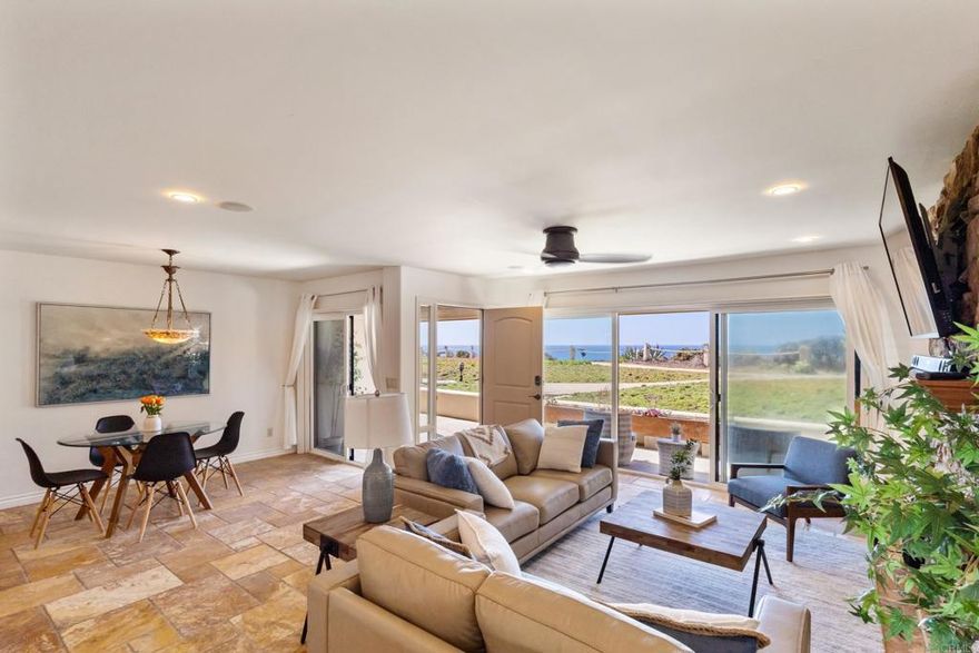 Beachfront Living in Solana Beach – Ocean Views, Gated Community, & Walkable Location.   Live the coastal lifestyle in this beautifully updated 3-bedroom, 3-bath beach front single level home, just steps from the sand in one of Solana Beach’s most sought-after communities. Bathed in natural light, this home features fresh paint, stainless steel appliances, and stunning ocean views that create a serene, airy atmosphere.  Enjoy peaceful sunsets with friends and family, then take a short stroll to the heart of Solana Beach — home to award-winning restaurants, the famed Belly Up music venue, and the vibrant Cedros Avenue Design District.  This community offers two swimming pools, a relaxing jacuzzi, tennis courts, and beautifully landscaped grounds, making every day feel like a vacation.  Whether you're looking for a full-time residence or a dreamy beachside getaway, this home offers the perfect blend of coastal charm, modern comfort, and unbeatable location.