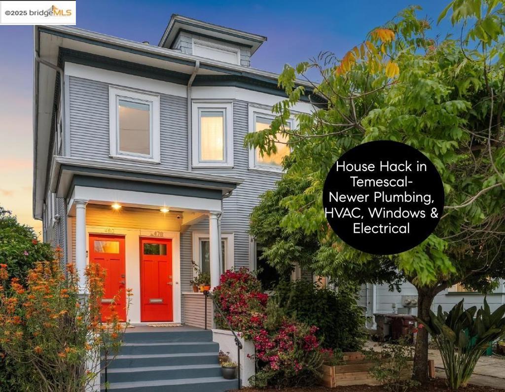 House-hacker’s dream! Beautifully maintained 1900s Craftsman duplex in heart of Temescal—Oakland’s favorite hipster enclave. Blocks to BART, Esquire’s Restaurant of the Year (Burdell), & trendy shops, cafés, & nightlife. Move into top-floor 3-bed, 2-bath owner's flat & let the charming lower unit (currently rented at market value with separately metered PG&E) help pay the mortgage. 3/2 owner’s unit is light-filled & thoughtfully updated w/ orig wood floors, period moldings, arched plaster ceilings, and vintage-style hardware & lighting throughout. Spacious eat-in kitchen is standout w/ O’Keefe & Merritt stove, quartz c-tops, designer lighting, SS dishwasher, & French door leads to small deck & shared patio / garden. Private primary suite w/ ensuite bath, sep. closet, restored vintage chandelier, & bonus laundry/flex space. Attic ladder provides extra storage opportunity. Lower 2-bed, 1-ba unit w/ charming orig details: decorative fireplace, built-in hutch, double doors, picture rails, + updated kitchen w/ stacked washer/dryer, & access to backyard & shared detached garage w/ inherent ADU potential (Buyer to verify). Dual-pane windows, forced air furnaces, electrical upgrades & newly rebuilt rear deck. Veggie beds, mature landscaping & Meyer lemon. Walk Score-95. Bike Score-98.