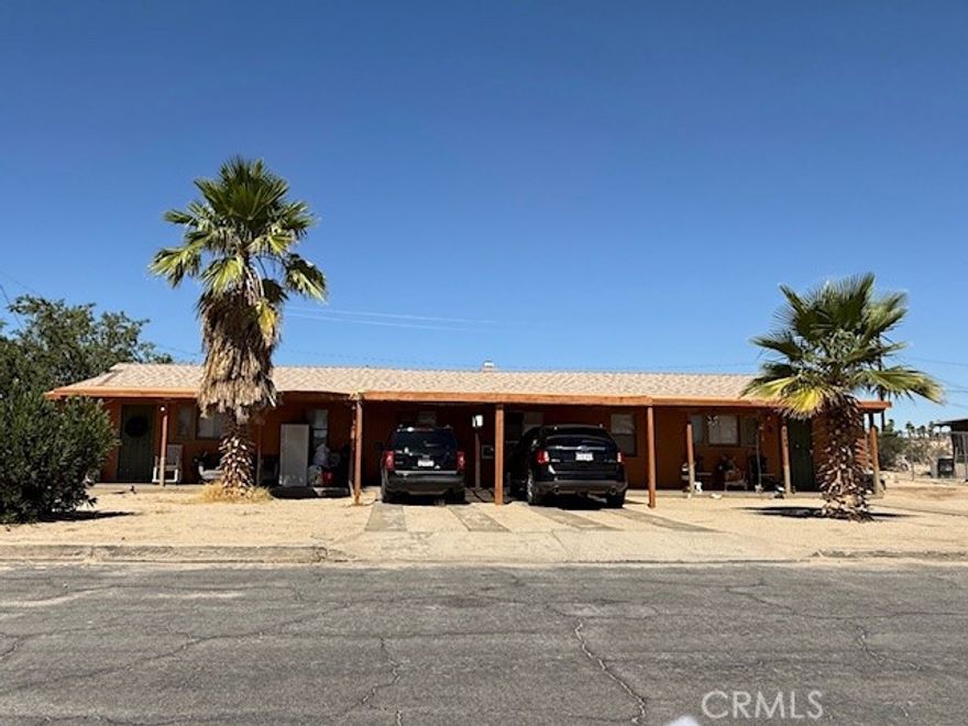 Charming Duplex in the Heart of 29 Palms – Ideal Investment or Owner-Occupant Opportunity!
This well-maintained duplex sits on a desirable corner lot in the peaceful community of 29 Palms. Each unit offers a spacious 1-bedroom, 1-bathroom layout, perfect for long-term tenants, short-term rentals, or extended family living.
Both units come with their own dedicated 1-car carport, providing convenience and protection from the desert sun. The property features a private backyard area, ideal for enjoying outdoor space, gardening, or creating a tranquil retreat.
 Unit 1 has wall heater and window air conditioner. Unit 2 has a split unit. Located minutes from Joshua Tree National Park, the Marine Corps Base, schools, shopping, and dining, this property presents an incredible opportunity in a growing rental market.
Whether you're looking to expand your investment portfolio or live in one unit while renting out the other, this duplex delivers flexibility and value in a prime location.