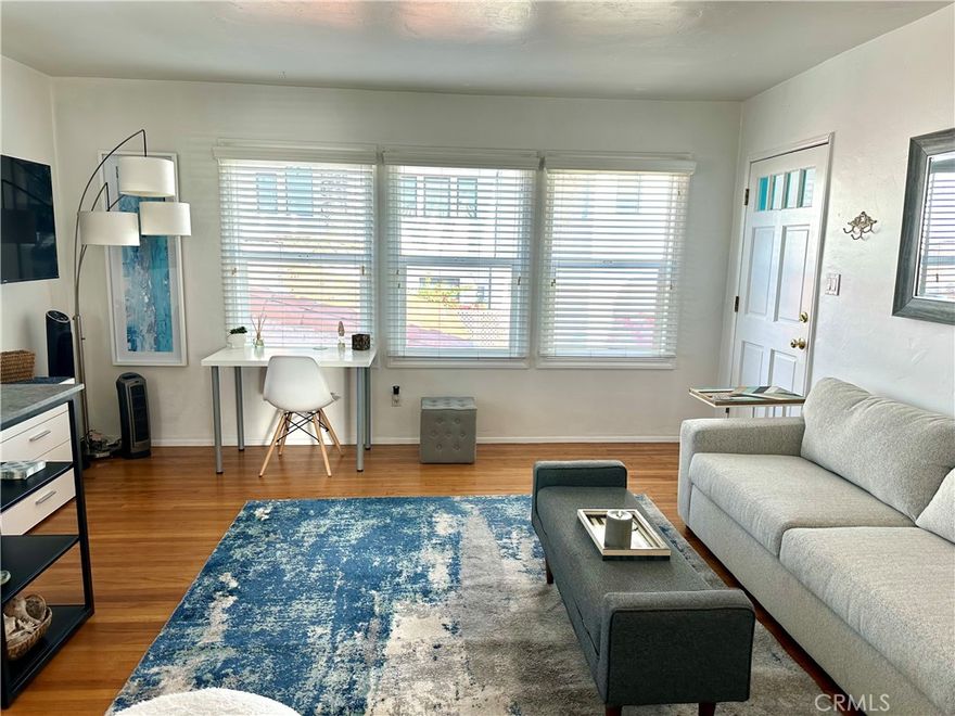 The perfect location! Walk to downtown shops, restaurants, wine bars, pier & beach. Catch the trolly and cruise downtown San Clemente, beach & Outlet Mall. This Fully Furnished Jr. 1 bedroom 1 bath, features beautiful hardwood floors, newer paint inside & out. New roof, new staircase, updated kitchen and bath, newer windows with 2 inch blinds, new furnishings. Mirror wardrobe doors with custom organizer. Lots of natural light. ALL Utilities included, Direct TV, & Cox high speed WiFi. New coin op washer & dryer. Shared back yard area, with umbrella, patio furniture, fire pit & BBQ. Street parking. Walk to downtown restaurants, gym, wine bar, shopping, pier & beach. This is an upstairs back unit. Looking for quiet single tenant. Building is meticulously maintained. Neighbors are all very nice and quiet.