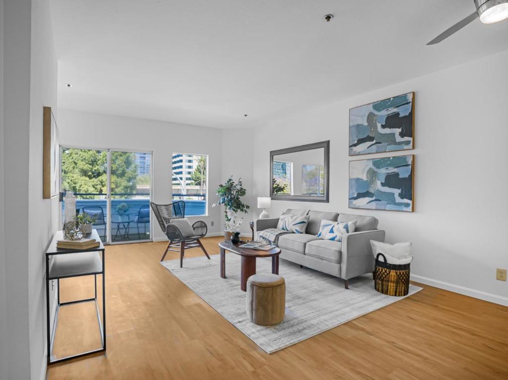 This beautifully updated 1-bedroom, 1-bath condo located just steps from the heart of downtown San Jose. Perched on the top floor, enjoy sweeping skyline views and easy access to the vibrant energy of the city. Inside, the condo features modern upgrades throughout, including brand-new soft-close kitchen cabinets, elegant quartz countertops, a sleek stainless steel kitchen sink, as well as a new bathroom sink faucet, and shower fixtures. Freshly painted walls create a clean, move-in-ready feel. The secure building offers peace of mind with controlled access entry, underground parking, and mail and package lockers. Just minutes from the San Pedro Square market, SAP Center, a wide array of restaurants, nightlife, bars, and a nearby dog park, this location offers the perfect blend of convenience and comfort. Commuters will appreciate easy access to Highways 280 and 87.
