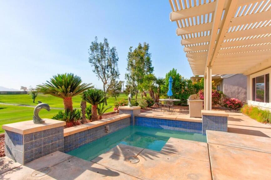 **Exceptional Single-Story Gem on the Golf Course**Discover your dream home in Sun City Palm Desert: an updated, home featuring 3 bedrooms in the main house plus a 1-bedroom, 1-bathroom casita. Enjoy breathtaking panoramic mountain and golf course views from your own private spool. Originally a model home, the main residence boasts 3 bedrooms, 2 beautifully updated bathrooms and 2,149 square feet of living space.Upon entering, you'll be welcomed by a luxurious open-concept living area. The kitchen is adorned with sleek quartz countertops, a stunning waterfall island bar and updated lighting along with a skylight that bathes the space in natural light. The seamless flow into the living and dining areas is complemented by expansive sliding glass doors and windows along the back wall, providing unobstructed views of the picturesque golf course and allowing for the perfect indoor - outdoor living.The right wing of this magnificent home includes a laundry room with convenient access to the spacious garage. The primary bedroom features a luxurious walk-in shower, offering a relaxing and rejuvenating retreat.The left wing hosts two additional bedrooms and an elegantly updated bathroom, providing privacy and space for family or guests. Step outside to your own private oasis, complete with a heated spool and a BBQ area, ideal for entertaining or simply savoring the serene views.As a resident of Sun City Palm Desert, you'll enjoy an extraordinary range of community amenities. Tee off at two 18-hole golf courses, unwind at three clubhouses, and indulge in diverse dining experiences at three on-site restaurants. Outdoor enthusiasts will relish the bocce ball courts, heated pools, lighted tennis courts, scenic walking paths, and secure dog parks.Make this extraordinary home your own and embrace the lifestyle you've always desired