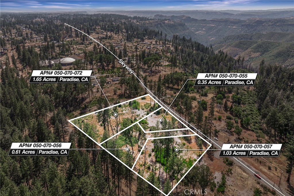 Fantastic Opportunity to own 4 Parcels which pre-camp fire had 10 homes that were lost. 3 of the 4 lots back up to the Paradise bike and walking trail. Nice level lots with tons of possibilities.
1416 Burdaparadise Lane AP# 050-070-072 is 1.71 acres.
8846 Skyway AP# 050-070-055 is .35 acre.
8850 Skyway AP# 050-070-057 is 1.02 acre.
8854 Skyway AP# 050-070-056 is .61 acre.