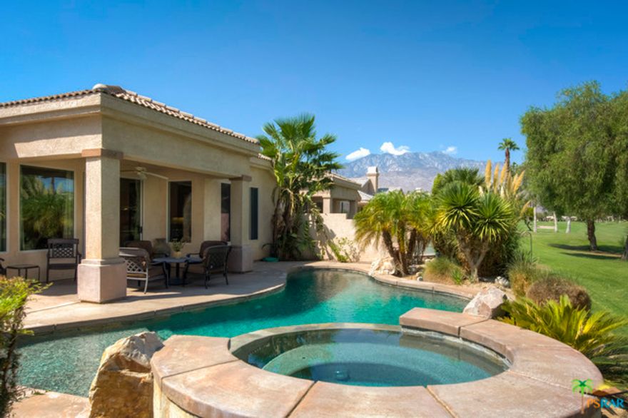 What a Terrific way to start your Season or your year around living! This beautiful Villa is 2 bedrooms plus Den and 2.5 baths, both bedrooms are in suite with private bathrooms, attached garage with golf cart parking. Living Room has soaring ceilings, lots of windows and Sliding Glass door to the wonderful rear patio where a private pool and spa await you with views that highlight the Golf course and Fairway. Great for entertaining! This community offers amazing amenities with 33 swimming pools, 10 Tennis Courts, Racquetball courts, Fitness Center, and an award-winning restaurant at their Country Club. The 27-hole PGA Golf Course has been rated the Best in the Valley by Golf Digest. This is a Gated community with 24-hour Security. Centrally located and close to everything. Just minutes from Downtown Palm Springs for your visits to great restaurants, shopping, hiking, theaters, museums, and Casinos. The furnishings are negotiable with an acceptable offer. Don't miss the opportunity.