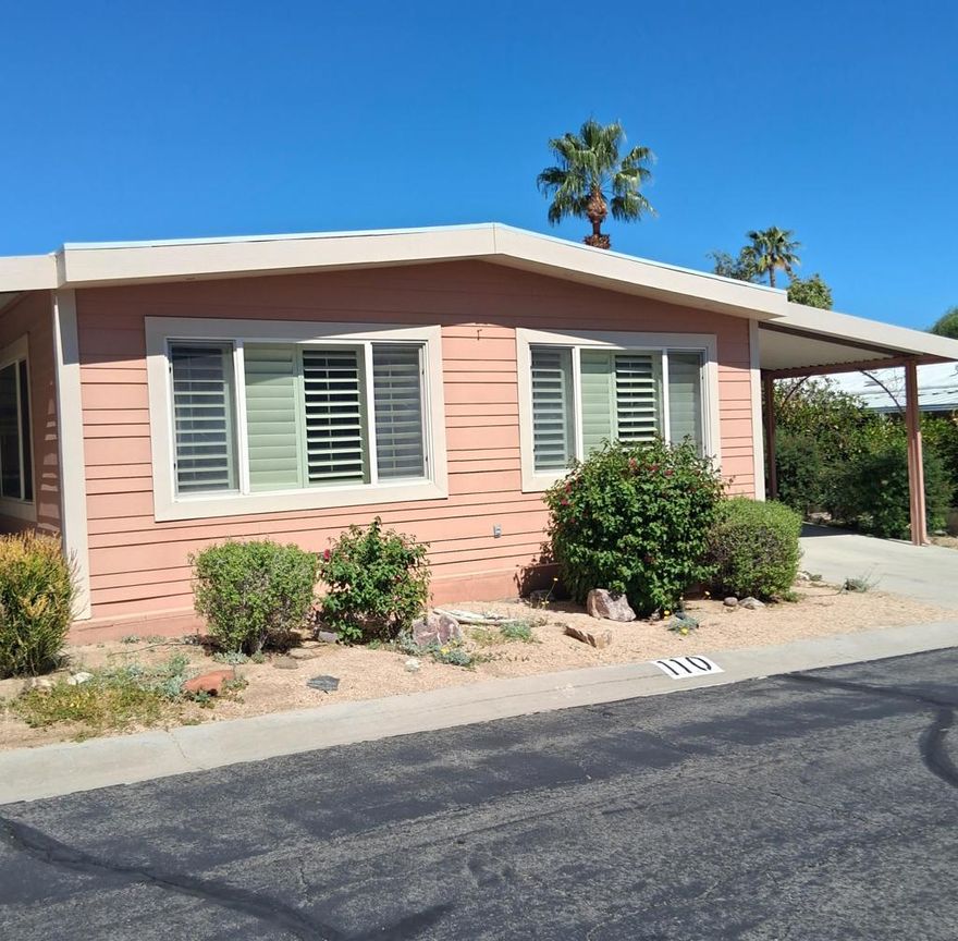 A beautiful location, with vast views of the western Coachella Valley.   The off shoot from the master bedroom is a 400 square foot back patio, with no obstructions of the view, and a perfect place to do outside entertaining.  This is a deal, and a must buy; considering the price point on even outdated homes in this mobile home park.  Granite countertops from the same stone quarry are through out the home.  Modern fixtures are included like a Bosche Dishwasher and stackable washer and dryer.