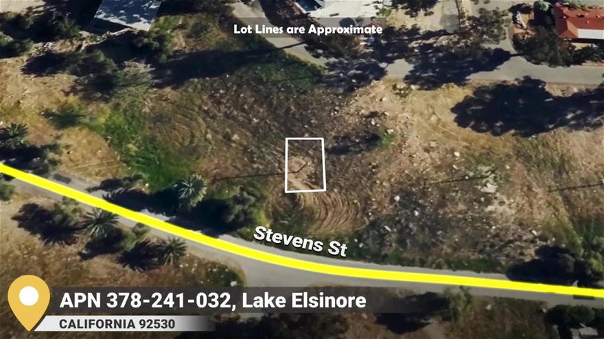 APN 378-241-032 in Lake Elsinore has 0.03 acres. The vacant land is zoned R1. This parcel does not have a street address, Stevens St is listed as a reference.