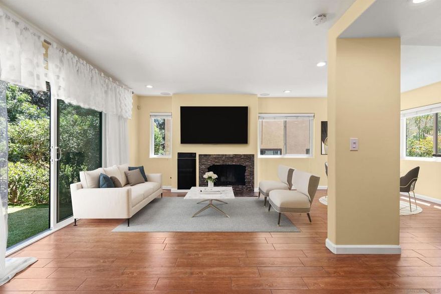 Beautifully Updated One-Level Home in the Rarely Available Dieguenos Community. Renovated top to bottom with new windows and doors, porcelain tile flooring, kitchen, and baths. Tucked away in a lush, private enclave, this home is light, bright, and quiet. The open-concept layout flows effortlessly to tranquil patios off the living room and both bedrooms—ideal for relaxing or entertaining. Two spacious bedrooms, including a primary suite with a full bath, plus a convenient powder room for guests. This smart home is wired for security, surround sound, entertainment and includes an in-unit washer and dryer in the hallway for added ease. Additional features include an attached one-car garage and a dedicated parking space directly in front. Enjoy access to resort-style community amenities such as a pool and spa, all within walking distance to grocery stores, local shops, and scenic parks. This beautifully updated home offers the perfect blend of comfort, style, and convenience in the highly sought-after UTC neighborhood.  Don’t miss this rare opportunity to enjoy peaceful, single level living with every convenience close at hand!