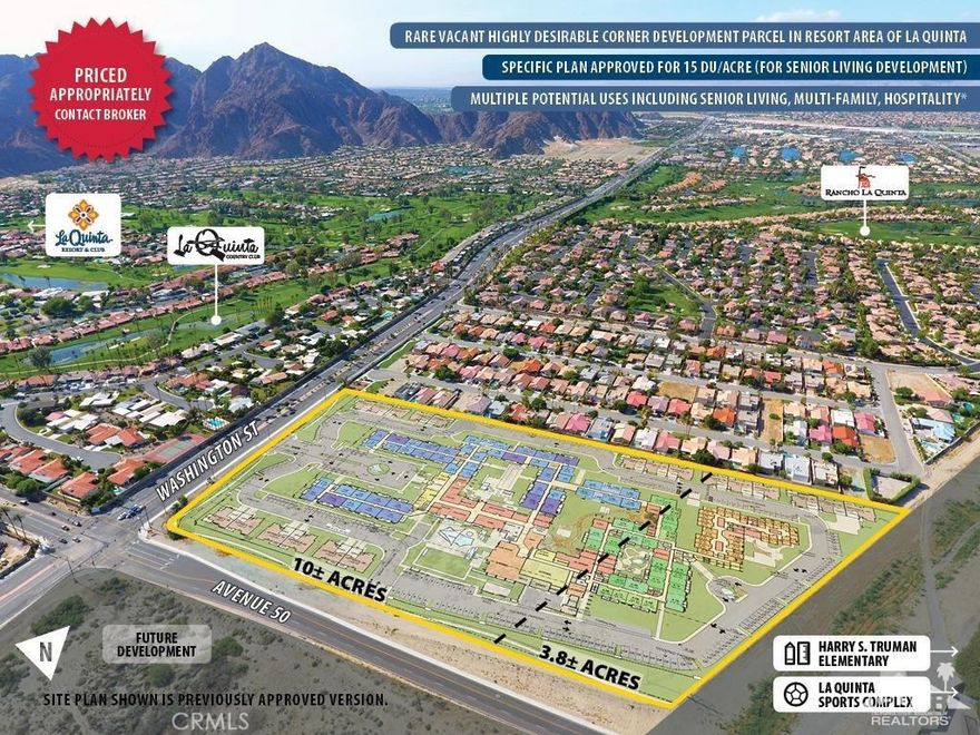 This rare prime corner opportunity within the affluent resort area of South La Quinta consists of 13.84 Gross Acres of land (9.5 to 10 min. net developable acres). The site development permit was previously approved here for 208 senior independent living, assisted living, and/or memory care here units, and the La Paloma Specific Plan is still valid. The city may also consider other uses here such as market-rate multi-family, residential, hospitality, commercial, and/or mixed-use.