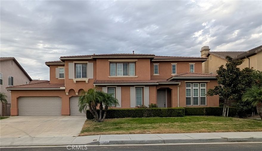 Welcome to this beautiful, freshly painted estate in the heart of Eastvale!  This is a 6 bedroom, 4.5 bath property located in a quiet cul-de-sac.  Upon entering the spacious home, you will be greeted by a bright and airy living room, a den that can be used as an office or a library, a formal dining room, a family room, and a grand kitchen.  In addition, there are 2 bedrooms and a full bathroom on the first floor, as well as a powder room for the guests to use. Upstairs, you will find an impressive primary bedroom with an enormous bathroom, and a substantial walk in closet.  Down the hallway, there is a junior suite, 2 more secondary bedrooms, another full bath, the laundry room, and a walk in linen closet.  Outside, plenty of mature fruit trees adorn both the front and backyard.   Furthermore, this house is conveniently located near many shopping centers, restaurants, schools, and parks. The potential to this property is limitless. Come check out this wonderful home today!