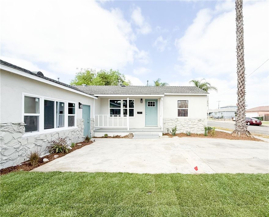 Absolutely stunning FULLY REMODELED AND PERMITTED single family residence consisting of a total of 3 bedrooms and 2 full bathrooms! This home is extremely spacious ans beautifully laid out! The total amount of square footage of this property is approximately 1,309 sq ft on an EXTREMELY LARGE 5,736 square foot lot! As you approach the house you will notice the BRAND NEW RE-ROOF, NEW SOD and IRRIGATION SYSTEM along with a large concrete driveway that provides easy access to the TWO CAR DETACHED GARAGE in the backyard! It is also important to note this property has BRAND NEW PLUMBING, BRAND NEW 200 AMP ELECTRICAL PANEL AND BRAND NEW ELECTRICAL REWIRE! As you enter the home you will notice the gorgeous BRAND NEW laminate wood flooring throughout the entire property along with beautiful tile and vanities in each REMODELED bathrooms! Next you are immediately drawn to the fully BRAND NEW REMODELED KITCHEN! This spacious kitchen also features BRAND NEW beautiful quartz countertops and BRAND NEW shaker cabinets. Continuing to make your way through the home, you’ll discover each bedroom is very generous in size and they all offer an ample amount of closet space. This home had a beautiful PRIMARY SUITE along with large bedrooms and 2 FULLY REMODELED BATHROOMS. This property is conveniently located near schools, shopping, parks and freeways, this one is definitely a MUST SEE! Priced to sell, it’s going to go quickly so schedule a tour today!