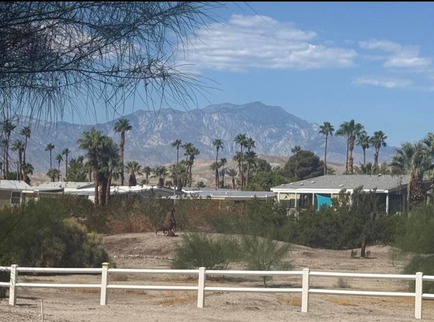 Charming open concept park model with covered carport and large yard overlooking the Wild West Wash known for its beautiful San Jacinto mountain view of colorful sunsets.  Gated community in an ALL AGED PARK with greenbelts, ponds, 13 hot spring mineral pools, pickleball, tennis, walking trails, cafe, chef, fitness center, library, and more!  High season brings lots of activities and social events including free concerts.