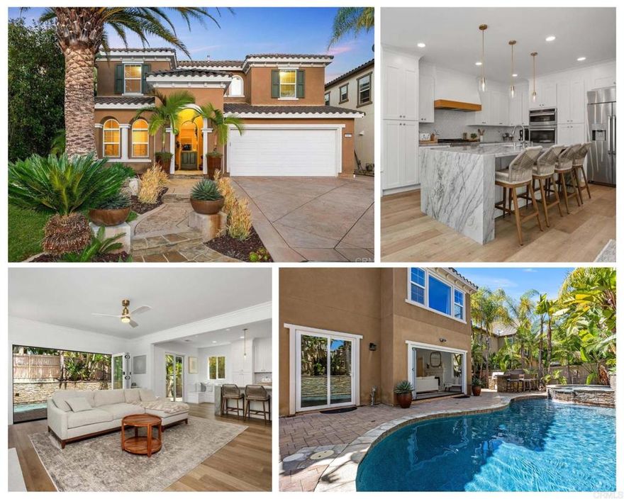 5-Bedroom Pool Home with Designer Upgrades! This stunning entertainer’s retreat offers true California indoor/outdoor living with a sparkling pool and luxurious upgrades throughout. Tucked in the highly desirable Venzano community near San Elijo Hills, this 3,437 sq ft home (the largest floor plan) is a  must see! Step inside to find a recently remodeled modern kitchen, new luxury vinyl plank flooring upstairs, updated lighting & fixtures, new windows, and owned solar. The chef’s kitchen is a showstopper with white shaker cabinetry, soft-close drawers, Quartz double waterfall island, custom pendant lighting, herringbone backsplash, and high-end appliances—including a Dacor built-in fridge, range/oven with custom hood, double ovens, Bosch dishwasher, wine fridge, and appliance garage. A spacious butler’s pantry with a second wine fridge and walk-in pantry adds abundant storage. La Cantina doors open wide to your turnkey outdoor space- easy to care for and enjoy year-round. A private backyard oasis featuring a pool with Baja shelf, spa with waterfall, built-in BBQ with outdoor fridge, and a Canary Date palm anchors lush tropical landscaping. Perfect for entertaining or relaxing with the ocean breezes. The versatile floor plan includes 5 bedrooms, 4 bathrooms, an office, and loft. The main level offers a full bed and bath, large living/dining combo, and office with custom built-ins. Upstairs you’ll find 4 additional bedrooms, 3 bathrooms, a loft, and a generous primary suite with dual closets, jetted tub, and oversized shower. Additional highlights: solar for house and pool, A/C, tankless water heater, laundry room, and a 2-car garage with storage. Exterior features include a Dutch door entry, stamped concrete driveway, and mature, tropical landscaping. Enjoy the Venzano neighborhood, known for its quiet, wide streets, tot lot, and sense of community. Walk to San Elijo Elementary and Middle Schools, zoned for popular San Marcos High, and just steps to Questhaven Park, 18 miles of hiking and biking trails, and the vibrant town center with shops, dining, and sports fields. Modern upgrades and resort-style living!