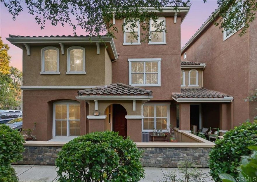 Quiet retreat in Morgan's Corner / San Elijo Hill's!  With a private courtyard entry, this 3 bed 3.5 bath end unit home is in the perfect location for privacy while within walking distance to the San Elijo town square for shopping, restaurants and an easy stroll through any of the many nearby parks.  At 1740 sq feet this is one of the largest plans in Morgan's Corner complete with an open and spacious first floor layout, a gourmet kitchen and an attached 2 car garage. The primary bedroom and second bedroom on the second level are  adjacent to a built-in office nook while the third floor offers a rare option between a bedroom/office. Don't miss this opportunity to own a home in one of the most desirable locations in San Marcos walkable to shops and all.