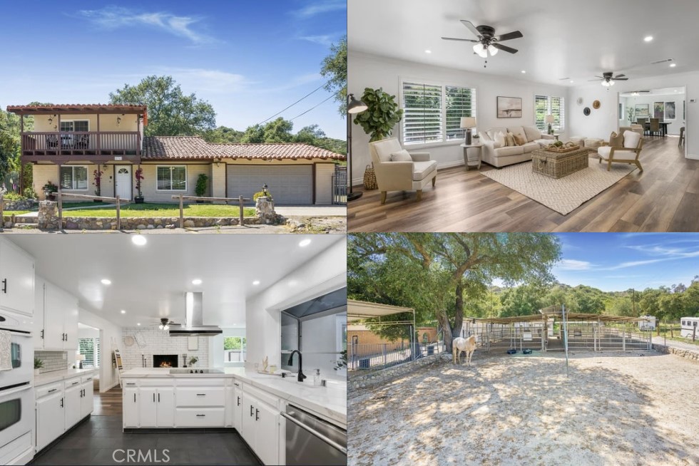MORE FOR YOUR MONEY HERE! Beautiful 18,000+ sq ft Horse Property in Orange County on three lots! MAIN HOUSE with 3 Bedroom 2 bath and GUEST HOUSE with bath for a total of 4bd/3ba. The adjoining lot has a paddock and 13 stalls that consist of 3 box stalls and 10 pipe stalls with a breezeway. There is also a tack room, a grain and hay room and an additional locking storage room. TEN+ parking spaces, a couple covered spaces, PLUS 2-car garage. Adjacent to riding trails and open spaces, this property is perfect for equestrians and nature lovers alike. Located just minutes from "the city" this improved horse property features multiple lots and is nestled amongst rolling hills and oak trees. This pretty 2-story home boasts an oversized ground floor primary bedroom, a spacious living room, completely remodeled open concept kitchen and dining room with a real wood-burning fireplace with raised hearth. On the second level you'll find two additional bright sunny bedrooms and a gorgeous upgraded bathroom. There is also a great balcony with mountain views, perfect for morning coffee and waving to the equestrians sauntering by. In the backyard, tucked in the corner and draped in bougainvillea is a sweet little casita/guest house/ADU. If you enjoy entertaining, you'll love the sizable yard with built in barbecue and the wonderful covered patio with ceiling fans, beautiful brick arched patio windows and Saltillo tiles. Rare turnkey horse property at end of lane/corner lot. Plenty of parking and room for RV. Low Tax Rate, NO HOA, NO Mello Roos. Income producing, permitted Guest House tenants have now moved out. THREE LOTS, two APN numbers.