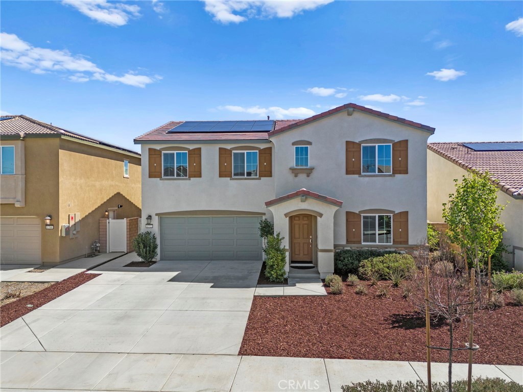 Beautiful turnkey home in the highly sought after Lennar community of Saddle Point with a fully PAID SOLAR system. This home is located on the border of Hemet and Winchester, minutes away from shopping in Menifee and outdoor recreation opportunities at Diamond Valley Lake. Step inside to discover an open-concept floor plan that seamlessly connects the living, dining, and kitchen areas, making it ideal for entertaining and enjoying ample space. The home boasts new carpeting in the bedrooms, new wood tone tile floors throughout, and modern appliances that enhance both style and functionality. In addition to the downstairs bedroom, upstairs you will find 3 additional generously sized bedrooms as well as the laundry room for your convenience and an oversized loft perfect for relaxing. The large primary bedroom has an en-suite bathroom and an expansive closet. Enjoy the outdoors with a new patio cover, perfect for relaxing or hosting gatherings while taking advantage of the custom putting green. Saddle Point has an array of onsite amenities, including a clubhouse, swimming pool, playground, and walking trails. Don't wait to schedule your showing!
