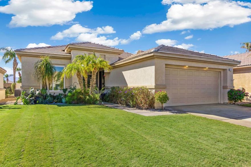 Welcome home to Heritage Palms a premier 55+ gated community & the deserts best kept secret.  And yes, this home is located on the ''preferred' south side of Heritage Palms, where you could easily access the clubhouse & all of the amenities. If you enjoy entertaining, this is home for you. The private rear yard w/ a covered patio is the perfect size to build the pool of your dreams and still have plenty of room to enjoy. This home offers over 1700 sq, feet of living space & includes 2- bed /2 - bath & a den/office. The master en-suite comes complete with a large walk-in closet, dual vanities and an oversized step in shower.  The secondary bedroom is good sized & is located next to the guest bathroom...complete with a tub/shower combination. The kitchen is neutral w/ Corian counters, oversized farm style sink, and stainless appliances. The kitchen includes a good-sized breakfast bar that could easily seat 4. The kitchen nook/ eating area opens up to the beautiful yard complete w/ fruit trees. Heritage Palms is a 55+ community featuring a 18-hole championship golf course, tennis courts, pickle-ball courts, bocce ball, fitness center, indoor & outdoor pools, billiards room, card room, grill room, banquet room, pro shop & numerous social clubs.