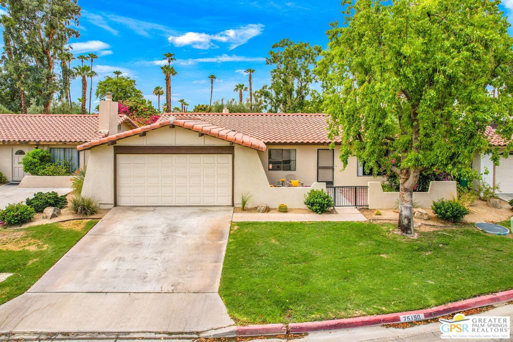 Welcome to 75190 Via Manzano where comfort meets simplicity in the heart of Palm Desert. Tucked inside the gated community of Vista Del Montana, this 3-bedroom, 2-bath home offers a blend of ease, charm, and livable design. With clean lines, tasteful finishes, and an open layout that invites connection, this residence lives like a single-family home a rare find in a secure, well-maintained neighborhood. The bright and functional kitchen anchors the home, while a charming courtyard entry sets the tone for the relaxed lifestyle that awaits. Step outside to a pergola-covered patio and soak in views of lush greenbelts, perfect for morning coffee or winding down after a long day. Just steps away, enjoy community amenities including sparkling pools and a tennis court ideal for recreation and unwinding. A two-car garage adds to the everyday convenience, blending practicality with thoughtful design. Framed by Santa Rosa Mountain views, 75190 Via Manzano is more than just a home, it's a serene retreat offering simplicity, comfort, and a sense of belonging. Pull up a chair, take in the surroundings, and imagine life in this peaceful desert escape. Your next chapter starts here.