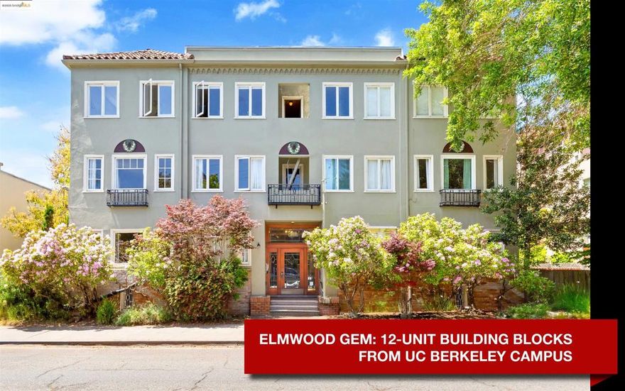 Rare 12-unit property in Berkeley’s prestigious Elmwood neighborhood—just blocks from UC Berkeley, College Ave shops, and Rockridge BART. The 3-story building features eleven spacious 1BD/1BA units and one 2BD/1BA unit, each ~905 sq ft. With a 96 Walk Score and 93 Bike Score, it’s an ideal location for faculty, students, and professionals. Interiors showcase wide hallways, tall windows, original wood trim, and Craftsman-style railings, creating a timeless and character-rich tenant experience. Modern amenities include in-unit laundry and 10 garage parking spaces. Pride of ownership throughout, with strong upside potential by converting select 1BD units into 2BD layouts and garages to ADUs, significantly increasing rental income. A rare blend of charm, stability, and long-term opportunity in one of Berkeley’s most coveted rental markets.