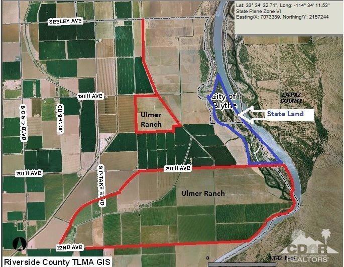 Great farm ground in the Palo Verde Valley. Includes parcels 869-320-018, 869-330-008, 875-050-003, 004, 005, 017, 875-090-006, 008, 875-100-009, 010, 011, 013, 018, 025, 026, 875-110-003, 005, 007, 009, 010, 015, 016, 017, 018, 019, 025. 875-120-001,002, 875-110-012,013. This property is in the Palo Verde Irrigation District which has the number 1 priority water rights to the Colorado River, with approximately 1,590 water toll acres which provides probably the least expensive water with virtually unlimited quantities for irrigation found anywhere. Cement ditches and very good ground.