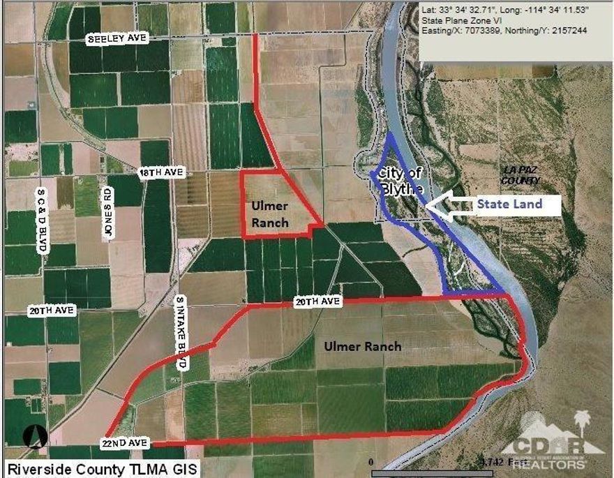 Great farm ground in the Palo Verde Valley. Includes parcels 869-320-018, 869-330-008, 875-050-003, 004, 005, 017, 875-090-006, 008, 875-100-009, 010, 011, 013, 018, 025, 026, 875-110-003, 005, 007, 009, 010, 015, 016, 017, 018, 019, 025. 875-120-001,002, 875-110-012,013. This property is in the Palo Verde Irrigation District which has the number 1 priority water rights to the Colorado River, with approximately 1,590 water toll acres which provides probably the least expensive water with virtually unlimited quantities for irrigation found anywhere. Cement ditches and very good ground.