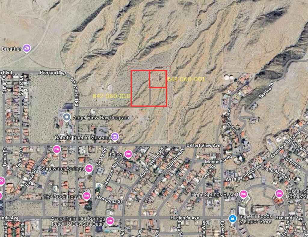 Incredible 10-Acre Opportunity in the (VS-C) Visitor Serving Commercial Zone & Hot Water Spa Zone of Desert Hot Springs - Known as ''Eagle's Nest''Rare opportunity to own two side-by-side parcels totaling 10 acres, perched high above the city with breathtaking panoramic views of the Coachella Valley and surrounding mountains. Located within Desert Hot Springs' highly sought-after Hot Water Zone, this property sits atop a known geothermal aquifer--ideal for future development of a boutique hotel, spa retreat, or wellness resort with access to natural mineral hot springs.Historically known as the ''Eagle's Nest,'' this site was once part of Cabot Yerxa's original homestead and carries a unique heritage that adds value and distinction. The elevated position offers privacy, serenity, and unmatched sunrise/sunset vistas. Just short drive from downtown Desert Hot Springs and another quick trip to enjoy Palm Springs.Zoning and utilities to be verified by buyer. Exceptional investment or development potential in a growing wellness and resort destination.