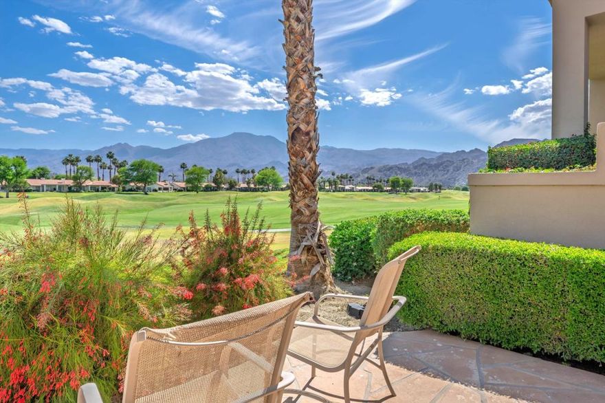 Stunning mountain views. Watch the pros play in the American Express tournament from your patio! This turnkey furnished Champion 2 has many updates including new A/C unit and ductwork (2023), new vanities, all new white oak flooring, 6'' baseboards, California shutters, new furniture, freshly painted throughout, new LED lighting, flat screen TV's, new garage door, nice high ceilings. This 2 bedroom, 2 bath has a den/family room which can be a work from home space or a 3rd bedroom. HOA includes cable TV, WiFi, trash, landscaping, painting, security and eathquake insurance. Gorgeous double fairway views of Hole 14 and 15 on the famous Stadium course. Don't miss it.
