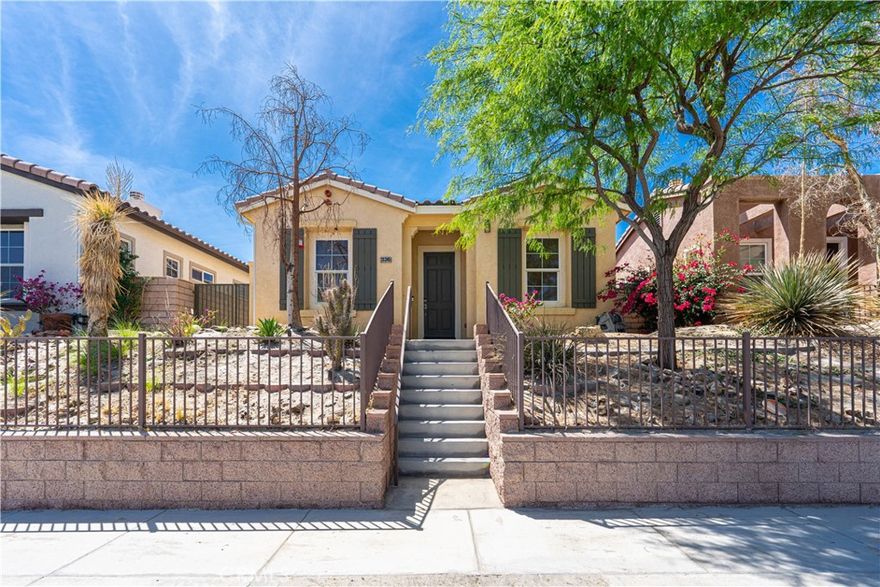 Make this sweet 1-story home yours in the beautiful Verona development, in the Rio Vista neighborhood of Cathedral City. Great floor plan with 3 spacious bedrooms that don't share walls with 2 full bathrooms. The house sits up from the street with a beautiful, low-maintenance desert landscape. A two-car garage off the alley takes you directly into the house. Enjoy the playground and Clubhouse with a community pool and other amenities, right around the corner, such as pickleball. The refrigerator is included. Welcome home to Avenida Quintana!