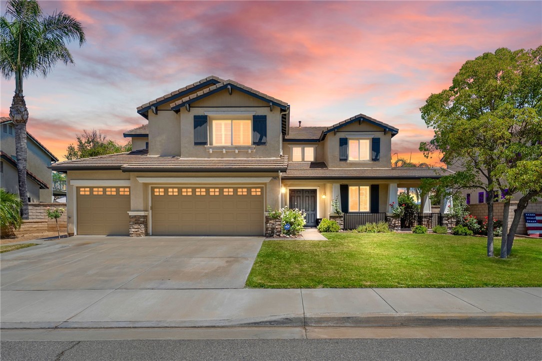 Welcome to this beautifully designed true 6-bedroom, 4-bathroom home located in a serene Menifee neighborhood. As you enter the foyer, you’ll appreciate the soaring vaulted ceilings and large windows in the formal dining & living area providing a bounty of natural light, creating a bright and airy feel. The downstairs portion of this home offers two spacious bedrooms, ideal for family members, guests, or a home office setup. There is also a full bathroom centrally located which includes a bathtub/shower combination. An additional half bath adds functionality and is easily accessible from the common areas. At the heart of the downstairs is a large kitchen that’s perfect for both everyday living and entertaining. It features a large center island with seating, double ovens, an abundance of cabinet space, and a huge walk-in pantry, providing all the storage you need. Upstairs you’ll find an additional 4 bedrooms and a versatile bonus loft providing the perfect space for a home theater, game room, or additional lounge area. Enjoy beautiful mountain views from the large primary bedroom with primary bathroom featuring new flooring, his & her closets, dual sinks, soaking tub & a dressing table. Also located upstairs for your convenience is a laundry room with plenty of cabinets for storage. Step outside into the backyard oasis featuring a spacious Alumawood patio cover outfitted with built-in ceiling fans and ambient lighting, it creates a comfortable space for both daytime lounging and evening gatherings. Enjoy the gas BBQ, seamlessly connected to the home's natural gas line making outdoor cooking effortless and efficient. Raised garden boxes add a touch of greenery and charm, ideal for growing herbs, vegetables, or seasonal flowers. As the sun sets, hanging market lights cast a warm, inviting glow across the space. Additional highlights include dual A/C units for efficient climate control on both levels, plantation shutters throughout & ceiling fans in each bedroom. Conveniently located near schools, shopping, dining, and recreational amenities. Don't miss the chance to make this house your forever home! Some photos have been virtually staged.