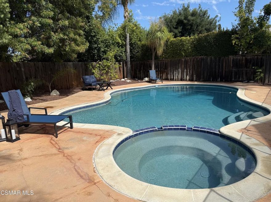 Nestled in the heart of Newbury Park, this stunning pool home is located on a peaceful cul-de-sac and presents a unique opportunity to embrace California living at its finest. This 4-bedroom, 2.5-bath residence boasts nearly 1,700 square feet of thoughtfully designed living space, perfect for entertaining, relaxing, and creating cherished memories with family and friends. As you step through the front door, you'll be greeted by an abundance of natural light that dances throughout the open floor plan and complemented by the soaring dramatic ceilings. The formal dining room invites you to enjoy memorable meals with stunning views of your own personal paradise. Dive into summer fun with the meticulously maintained pool, featuring a micro pebble tech surface and a convenient locking child safety gate for peace of mind. At the heart of the home, the stylish kitchen boasts white cabinets, sleek Corian countertops, and a charming cobalt blue sink. Gather around the New England grey granite fireplace in the spacious family room for cozy evenings with family and friends. Retreat to the primary suite, where relaxation awaits. French doors lead you to a large private balcony with breathtaking mountain views--a perfect sanctuary to unwind after a long day or enjoy your morning coffee. Spacious secondary bedrooms have mirrored wardrobe doors and dramatic views of the sparkling pool. This home is not just about beauty--it's also about versatility. With drought-resistant landscaping, you can say goodbye to cumbersome lawn maintenance and hello to more leisure time while you soak up the California sun! Plus, RV parking offers a perfect solution for adventurous souls looking to hit the open road with their toys in tow. Situated in the coveted Conejo Valley, you'll enjoy a fantastic Mediterranean climate that is often 5-10 degrees cooler than surrounding areas, thanks to refreshing afternoon ocean breezes. Explore the vibrant community, just a short drive away from the stunning beaches of Malibu and Ventura, and conveniently located halfway between the enchanting cities of Santa Barbara and Los Angeles. Families will appreciate the award-winning Conejo Valley School District, renowned for its commitment to nurturing young minds. This home is close to Amgen, freeeway access to shopping and entertainment. Don't miss out on this incredible opportunity to own a piece of California paradise! Schedule your private showing today and start envisioning the endless possibilities that await you in your new oasis.