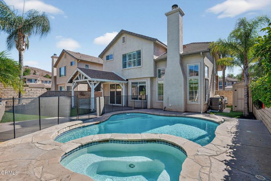 Set on an idyllic cul-de-sac in the desirable White Oak Creek tract, this beautifully maintained Simi Valley home blends style, function, and modern comfort. Featuring 3 spacious bedrooms plus a downstairs enclosed room that serves as a 4th bedroom or office, the home offers a bright, open floor plan with high ceilings, newer flooring, and abundant natural light. The remodeled kitchen includes stainless appliances, and a double oven.Upstairs, the primary suite features a walk-in closet and a remodeled bathroom with a double vanity and designer finishes. Notable upgrades include a new HVAC system (2023), whole-house fan, updated recessed LED lighting, ceiling fans, and new carpet (2025).Enjoy the private backyard retreat with a sparkling pool and spa, new variable-speed pool equipment with Wi-Fi controls, lush turf landscaping, and a patio with a TV-ready cover--perfect for relaxing or entertaining. Added features include landscape lighting, Ring cameras, new window shutters, and solar blinds. Conveniently located near hiking and horse trails, parks, and unified Simi Valley schools.