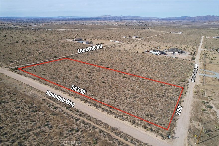 Beautiful 2.87 Acre Building Lot has desirable topography and views with natural vegetation and overhead SCE power. The neighboring property to the North now has 6' Chainlink Fencing. The parcel fronts on Round Up Way with a Western boundary of Lucerne Road and an Eastern

 boundary of Mustang Ave. Buyer to provide their own Water Well upon developing.