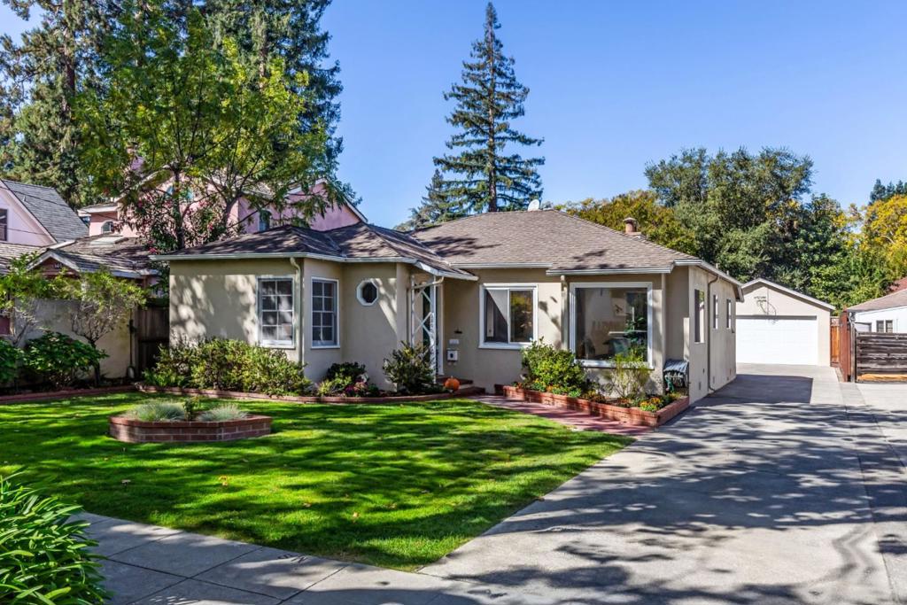 Quintessential Evergreen Park home. Beautiful tree lined street in premier location close to Stanford University. Endless possibilities... move in now or develop! Large lot of 7,500 square feet. 3 bedrooms and 1.5 bathrooms. Newly painted throughout, refinished hardwood floors and new carpet. Big yard with mature landscaping. Detached oversized garage and long driveway. Short walk to California Avenue shops and restaurants. Top rated schools and convenient location in the heart of Silicon Valley.