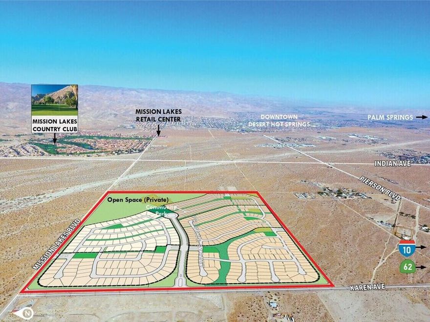 SUNSET RIDGE offers a rare approved Specific Plan on 160+/- Gross Acres (not all developable) located within in the City of Desert Hot Springs within minutes of Downtown Palm Springs. The previous Tentative Tract Map was approved for 5,500 to 16,000 sf. lots however the low density residential zoning allows up to 5DU/acre which in theory could yield as many as 800+/- potential units (Buyer to Verify). This opportunity is ideal for a build-for-rent developer, or homebuilder. With panoramic mountain range views to the north, west, and east in the near the hills of North-West Desert Hot Springs, home price premiums or rents are expected. Sunset Ridge falls within the attendance boundaries of the Palm Springs Unified District and is located near the Painted Hills Middle School & Bella Vista Middle School. The subject property is located east west of Mission Lakes Golf Course (semi-private), and just north-east west of the recently opened Mission Lakes Retail Center. In summary, Sunset Ridge is an attractive locale for families, retirees, and vacation / second home buyers seeking spacious but affordable living on traditional (or potential smaller) lot sizes with ample access to outdoor recreational activities. DESERT HOT SPRINGS is known as one of the few affordable cities within the Coachella Valley, however the best located of these, within the desirable and more accessible west Coachella Valley near Hwy. 62, only minutes away from Palm Springs, and is within a short distance to the submarkets of Beaumont and Banning. The City of Desert Hot Springs is part of a rapidly growing new home market as the fastest growing city in the Low-Desert, which has benefited from a robust job growth rate that is among the highest in the state of California. Sunset Ridge is well-positioned to meet the growing demand from working households and mature households seeking affordable ownership opportunities given its close proximity to the Los Angeles MSA. Additionally, the projected home prices all fall within the FHA financing limit, while the city of Desert Hot Springs also qualifies for zero down USDA new home financing. Located just 10 miles from Palm Springs and only 5 miles to Interstate 10, the Property is easily accessible to abundant services, jobs and entertainment throughout Palm Springs and the rest of the Coachella Valley, as well as major employment centers in Riverside, San Bernardino, and Los Angeles.