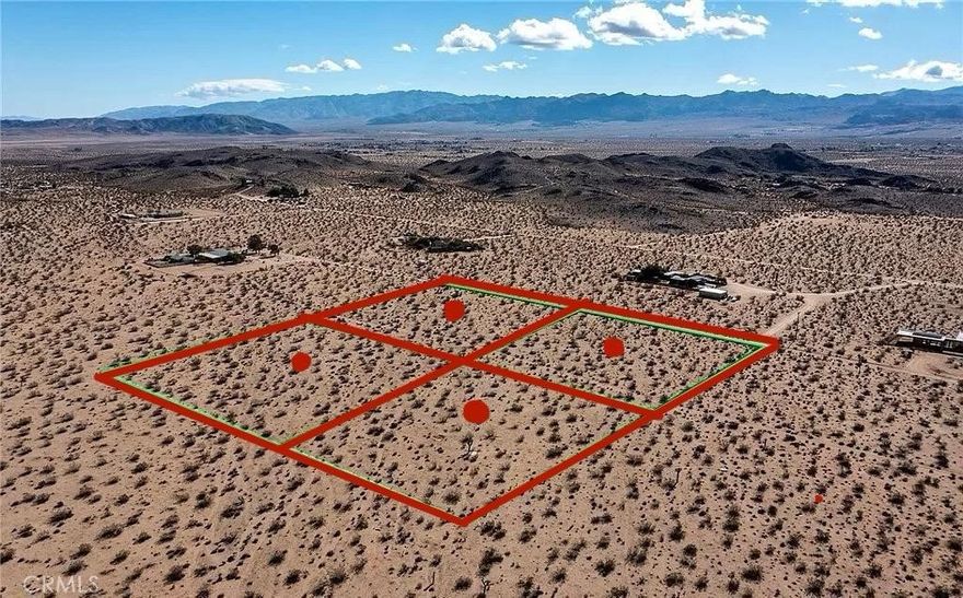 Rare Joshua Tree Subdivision – 4 Parcels w/ RTI Plans for Homes + ADUs + Pools!

Incredible builder/developer opportunity! Four contiguous 2+ acre parcels (APNs 0605-231-44, 45, 46 & 47) sold together—each nearly RTI (Ready-to-Issue) for a custom home, ADU and private pool, each with its own address. Survey and percolation test completed. Will-serve letter secured from Joshua Basin Water District; power nearby. No Joshua trees impacting development. Stunning unobstructed views of Joshua Tree National Park, close to paved Border Ave and minutes to downtown. Designed for STR or luxury desert living perfect for investors. No seller financing.