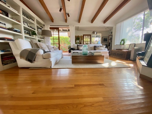 Sunny, bright, home in desirable Bird Rock. Ocean view from upstairs Master. Very private with secure gated entry and fully fenced courtyard. Lots of charm and classic finishes of hardwood floors, wood shutters, dramatic stone fireplace, beam ceilings, French doors & built in bookshelves. Two secondary bedrooms with sunny skylights. French doors in living room open to expansive courtyard and garden. New fridge & W/D. Two car attached garage. Walk to restaurants, shops and ocean front Calumet Park. Neighborhoods: Bird Rock