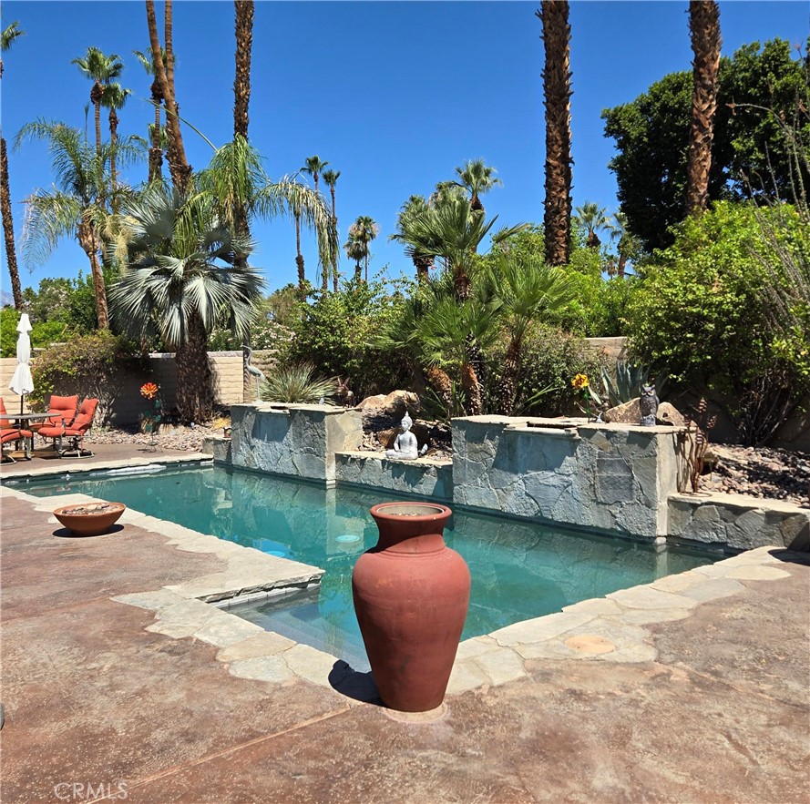This beautiful fully furnished turnkey pool home is located in the Belmonte Estate community of Palm Desert with coded entry gate. There are 3 bedrooms each with there own bathroom, a large sized great room with dining area as well as a wet bar, fireplace and flat screen TVs in each room. The home has French doors out to beautiful backyard with pool, spa and gazebo, perfect for entertaining. The home has shutters throughout and ceiling fans, Kitchen is fully furnished with granite counters and stainless appliances and spacious eating area. Laundry room is inside near secondary bedrooms. On opposite side of house. There is a double door entry to the primary bedroom ensuite. The home is centrally located in Palm Desert across from the Marriott Hotel and Villas. If interested in a 6 month (minimum) seasonal lease, home could possibly be made available for a higher monthly rate.