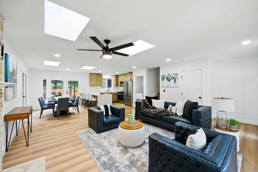 Fully Renovated Entertainer’s Dream in San Diego!  About half a mile from the San Diego State University campus.  Welcome to this stunning 4-bedroom, 3-bath home with 2 optional bonus rooms—perfect for a growing family. Step inside to discover a completely renovated interior featuring luxury vinyl plank flooring, new baseboards, modern 6-panel doors, and a sleek, contemporary design.  The heart of the home boasts a European-style kitchen cabinets with quartz countertops, a waterfall peninsula, and stainless steel appliances—ideal for hosting or everyday living. All bathrooms have been tastefully updated, and the home also features a new roof and fully paid-off solar for energy efficiency.  Enjoy low-maintenance landscaping with artificial turf in both front and backyard. The backyard is an entertainer’s paradise with a spacious deck, Jacuzzi tub, fire pit, and a custom-built wood table and benches under a covered patio—perfect for gatherings and outdoor dining.  Don’t miss this move-in ready gem located near SDSU, shops, and dining. A rare find with flexible living space and stylish upgrades throughout!